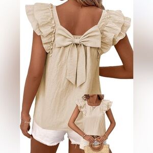 Beige Ruffle Sleeve Coastal Blouse Bow Back Neutral Cottagecore Top Large